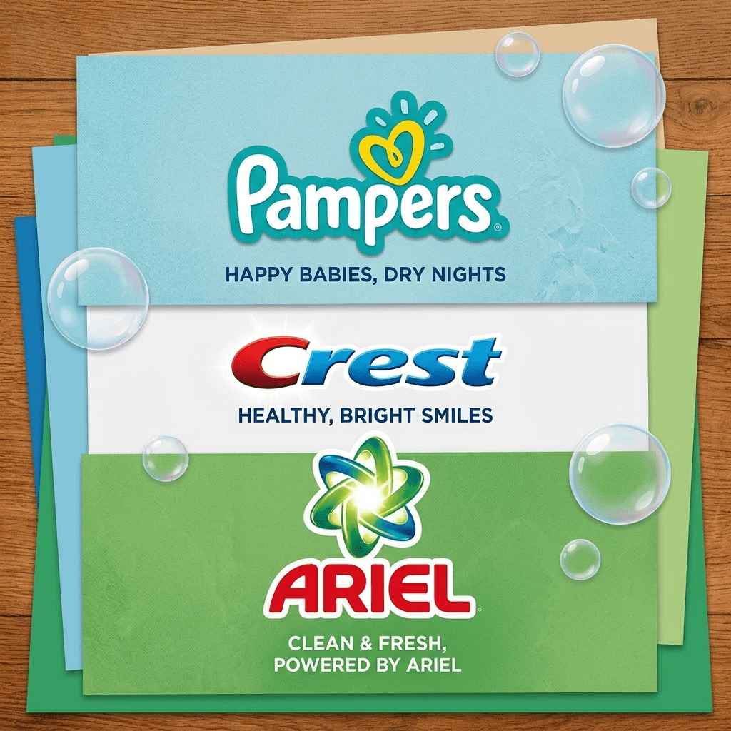Collage of Pampers baby diapers, Crest toothpaste, and Ariel laundry detergent products