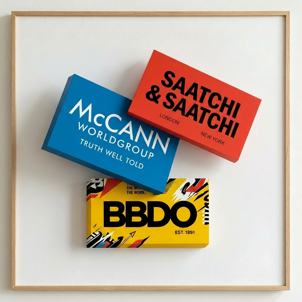 Collage of McCann Worldgroup, Saatchi & Saatchi, and BBDO advertising agency logos and slogans