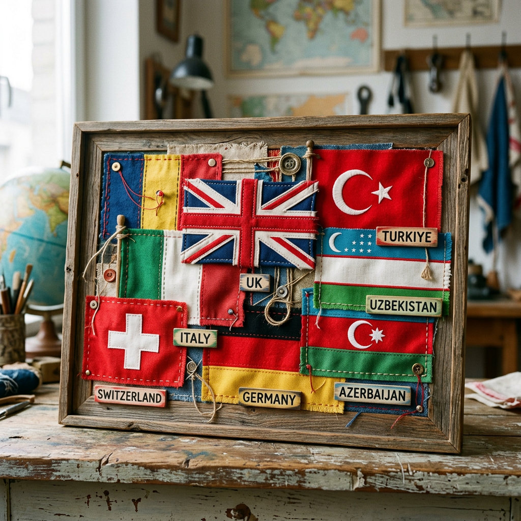 Fabric flags of UK, Turkey, Uzbekistan, Azerbaijan, Germany, Italy, and Switzerland with labels in a wooden frame